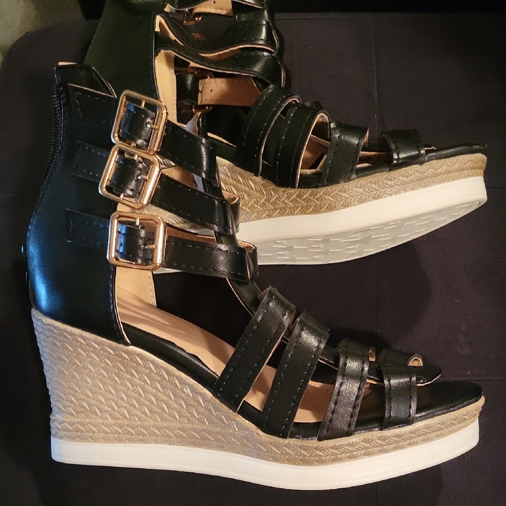 Black Strappy Wedge Sandals